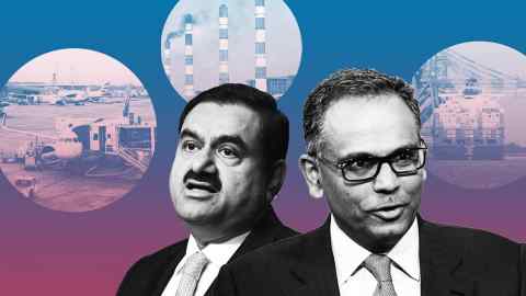 A montage of photos of Gautam Adani and Rajiv Jain with Chhatrapati Shivaji Maharaj International Airport and the Adani Power Company thermal power plan