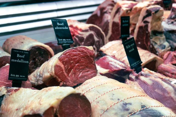 Beef joints at the butcher’s counter