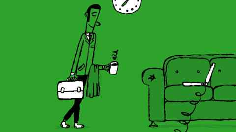 Illustration of a man dressed for work carrying a briefcase and cup of coffee walking over to his laptop on the sofa